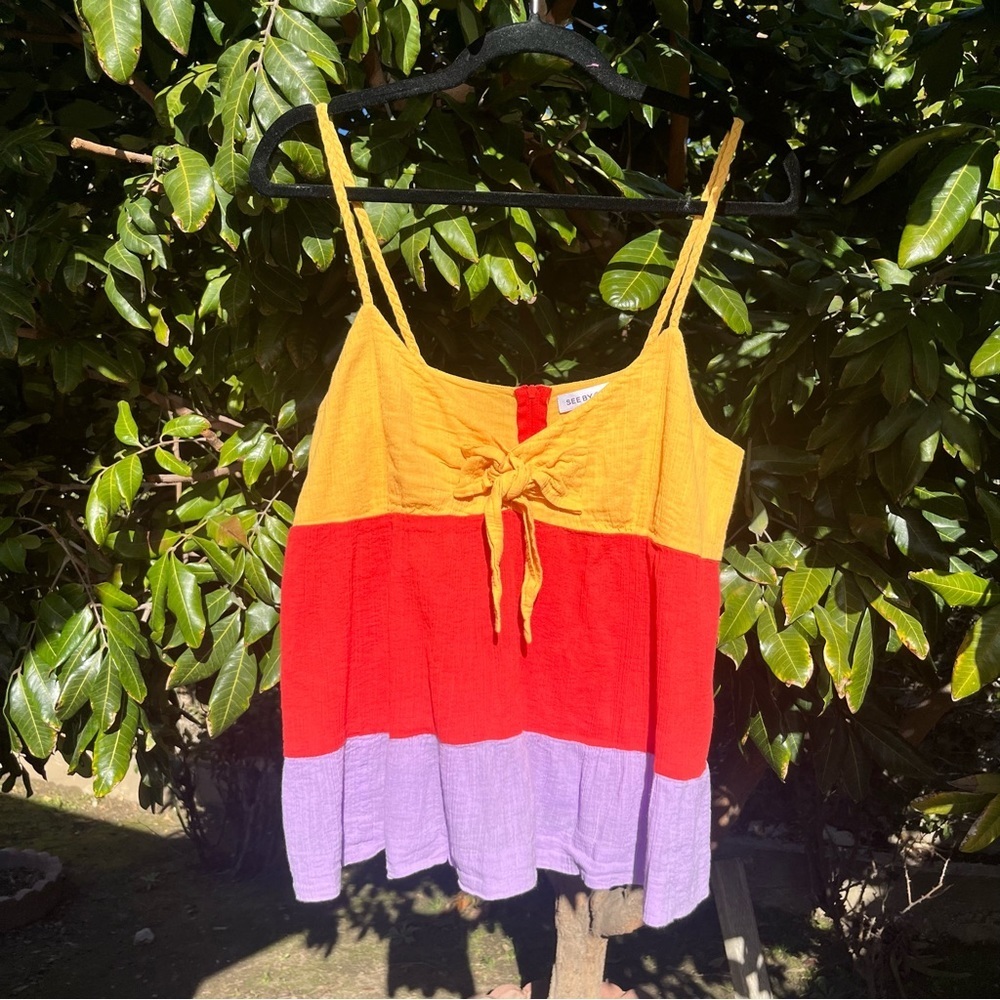 SEE BY CHLOE mustard red purple colorblock striped gauze cotton tie tank top